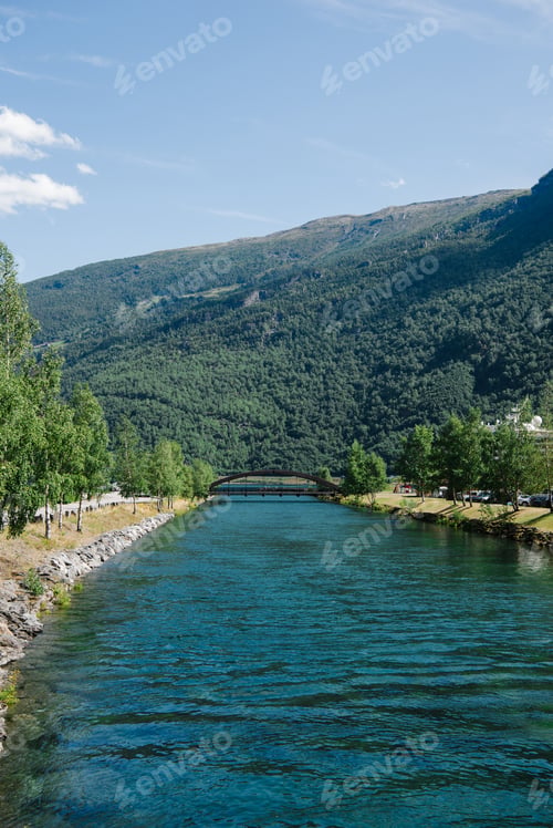 Preview: beautiful landscape with mountains and majestic fjord, Gudvangen, Neirofjord, Norway