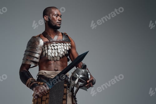 Preview: African gladiator with sword against gray background