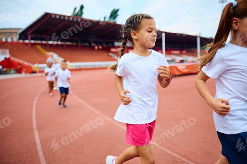 Preview: Little girl running during sports training at the stadium.