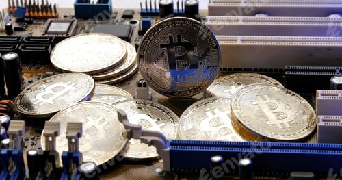 Preview: Golden coins with bitcoin symbol on electronic circuits in a computer mainboard.