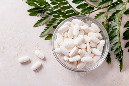 Preview: Collagen pills and green plant on beige stone background
