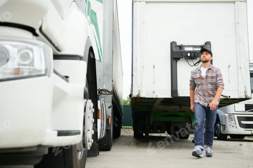 Preview: Proud Professional Trucker Standing in Front of His Truck. Trucking and Transportation Theme.
