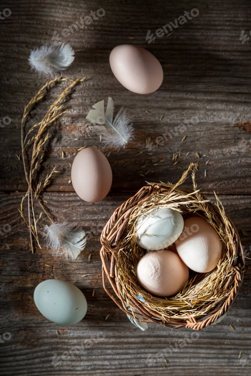 Preview: Eggs from free range. Top view of free range eggs.