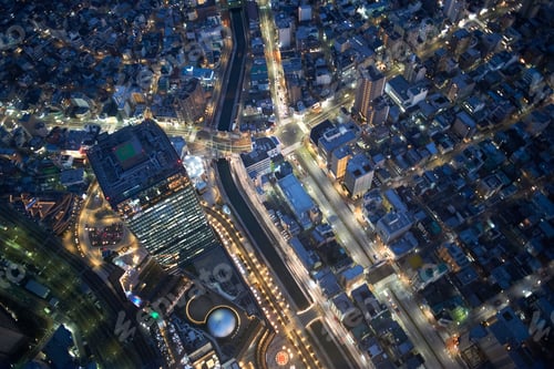 Preview: Overhead view of skyscrapers and highways at night, Tokyo, Japan
