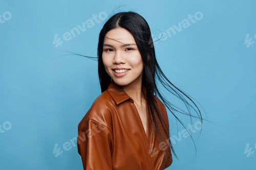 Preview: Background woman asian trendy smile beauty girl blue portrait studio attractive lifestyle happy