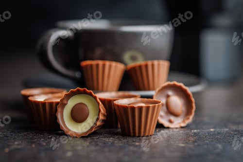 Preview: Sweet pralines. Chocolate truffles on black table.
