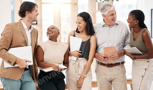 Preview: Laughing, global company or teamwork collaboration of marketing men or women diversity in creative