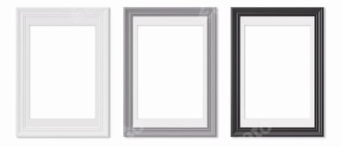 Preview: Set of vertical picture frames, isolated on white background. White, gray and black frames