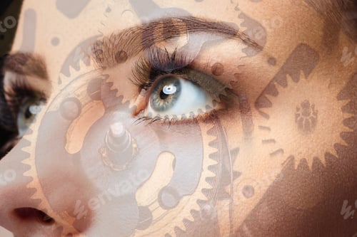 Preview: Photo Of Woman Eye And Clockwork. Double Exposure
