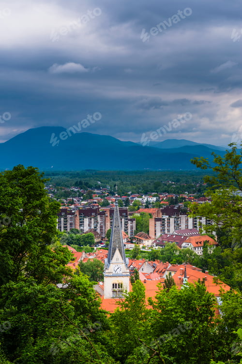 Preview: View from Ljubljana Castle over Ljubljana Old Town, looking out over The Church of St James, Ljublja