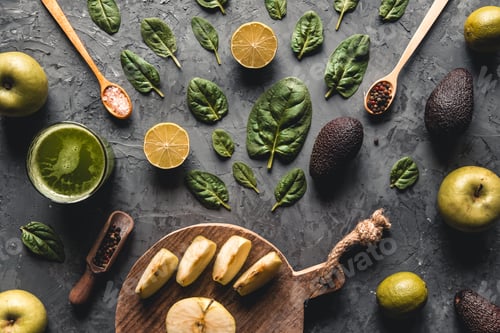 Preview: Spinach with lemon on a dark gray background. Wholesome food, vegan, eco products