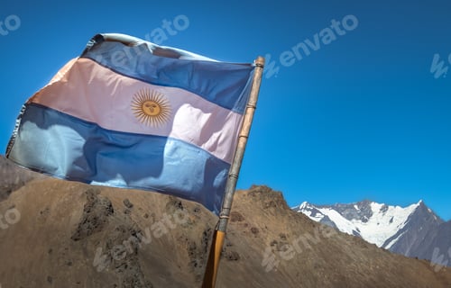 Preview: Argentina flag with Nevado Juncal Mountain in Cordillera de Los Andes - Mendoza Province, Argentina