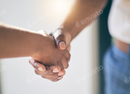 Preview: Handshake, agreement and hands of people meeting for partnership or agreement together as a team wi