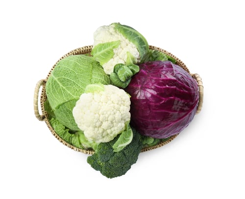 Preview: Wicker tray with different types of fresh cabbage on white background, top view