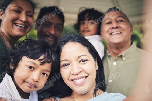 Preview: Face, selfie and big family smile outdoor taking photo for happy memory, social media or profile pi