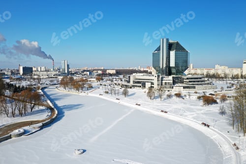 Preview: Top view of the National Library in Minsk in winter. Belarus, public building