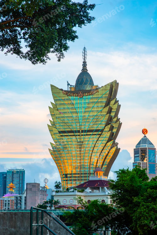 Preview: Macau city modern building landscape or cityscape at night, Casino of Asia travel landmark