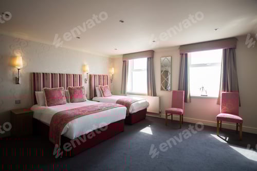 Preview: Simple hotel bedroom interior with single and double-sized beds, red cushions and chairs