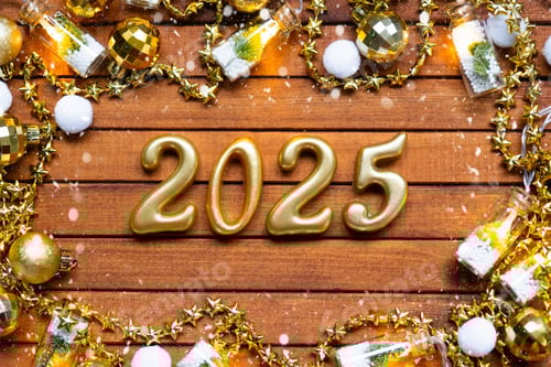 Preview: Happy New Year wooden numbers 2025 on cozy festive brown wooden background with sequins, snow, light
