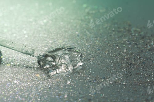 Preview: Cosmetic pipette with a drop close up on black background.