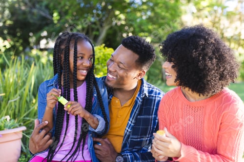 Preview: Happy african american father, mother and daughter blowing bubbles in sunny garden, copy space