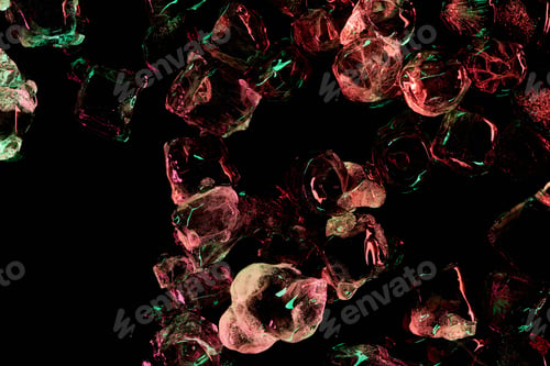 Preview: top view of transparent ice cubes with red and green light isolated on black