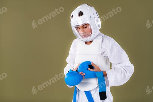 Preview: Karate student in protective sparring gear tightening gloves on hands before Shotokan practice