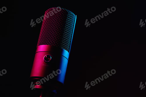 Preview: Studio microphone on dark background with neon lights