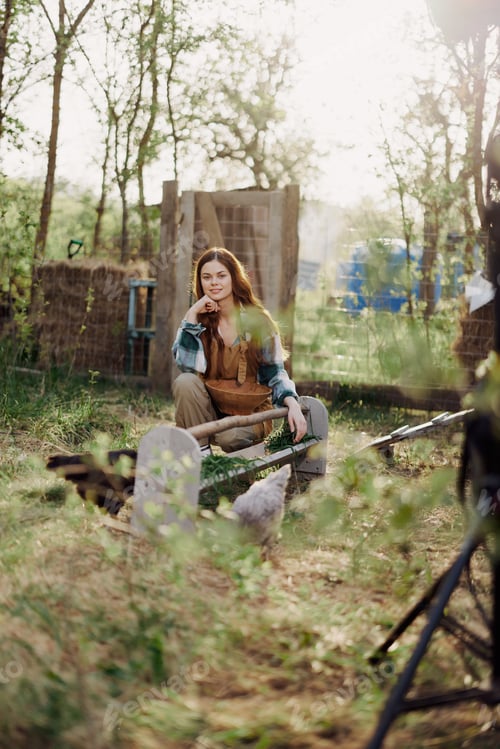 Preview: A woman pours food into a bird feeder while sitting in a chicken pen in the countryside on a summer
