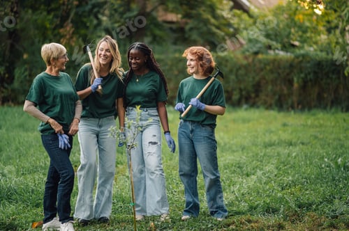 Preview: Group of women volunteers planting trees in park