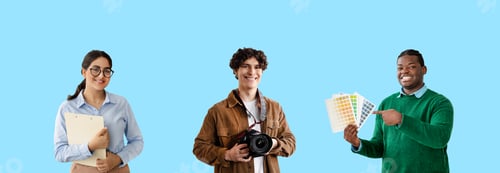 Preview: Group of cheerful workers from different jobs posing isolated over blue background