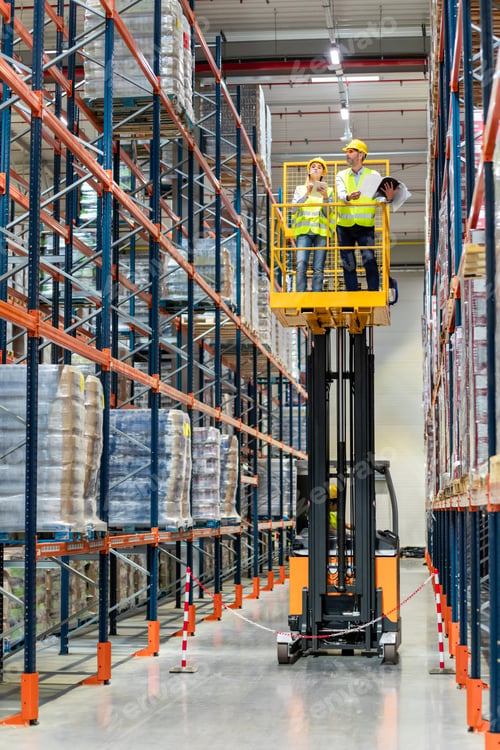 Preview: Warehouse workers on the height using lift work platform to check inventory