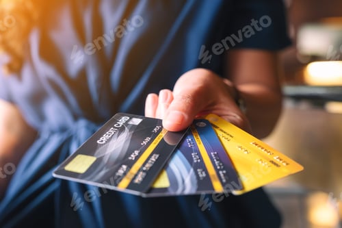 Preview: Closeup image of a woman holding and showing credit cards