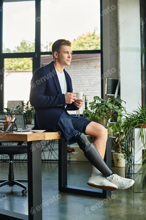 Preview: Inspiring young businessman with artificial limb enjoys coffee in a modern office environment