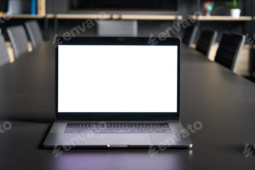 Preview: Workplace in modern office with blank empty mockup screen pc laptop computer.