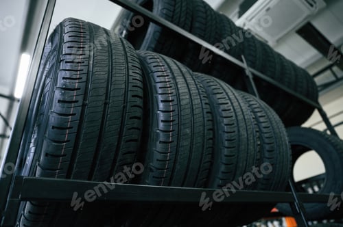 Preview: In the right order. New tires are placed on the storage rack in the car workshop