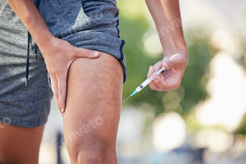 Preview: Man with syringe, steroids in legs muscle and ban drugs injection with medicine addiction. Sports a