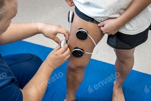 Preview: The procedure of myostimulation on the legs of a woman.