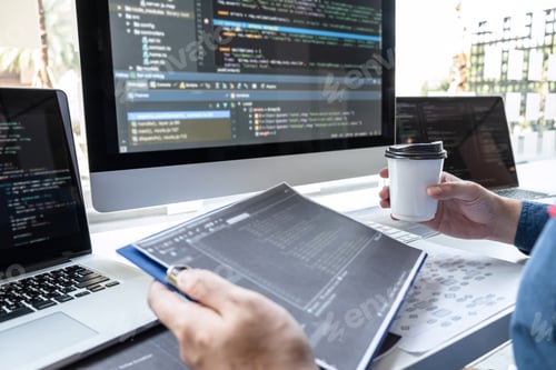 Preview: Developer programmer working on project in software development computer in IT company office