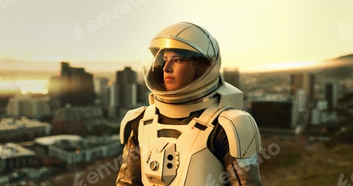 Preview: Adventure, city and thinking with astronaut woman outdoor on planet earth for space exploration or