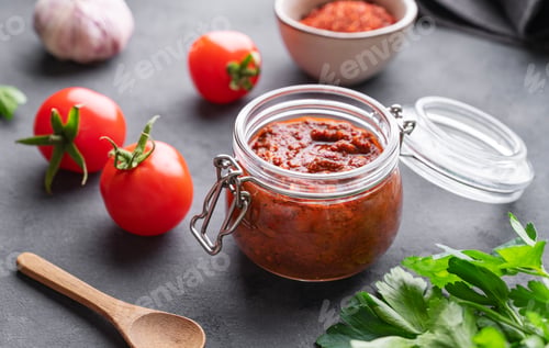 Preview: Homemade tomato sauce for pizza or pasta in a jar on a dark background with fresh vegetables
