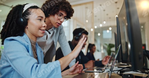 Preview: Call center, people and mentor helping in office, telemarketing manager and advice for hotline. Emp