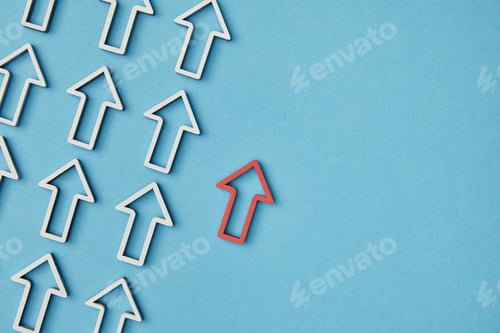 Preview: top view of red pointer near diagonal rows with white arrows on blue background