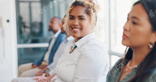 Preview: Woman face, office meeting or business presentation with a worker happy about marketing team. Smile
