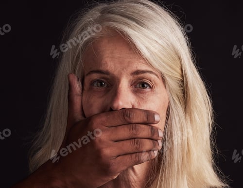 Preview: Woman, portrait and hand on mouth for silence, abuse or violence for danger, depression or fear in