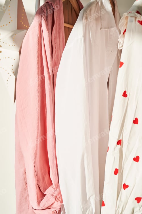 Preview: A rack of clothes in the rays of the bright sun against a white wall.