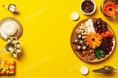 Preview: Copper utensils, sweets, gift boxes and on yellow background, space for text
