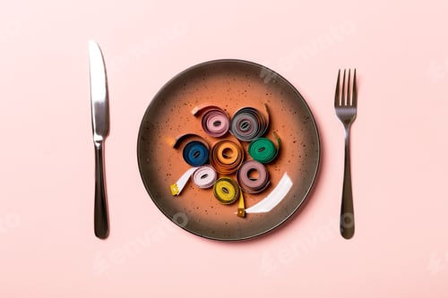 Preview: Healthy diet concept of plate with measuring tape, fork and knife on pink background. Top view