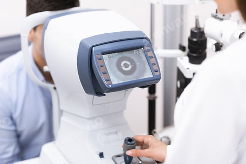 Preview: Optometrist checking patients vision at the modern clinic