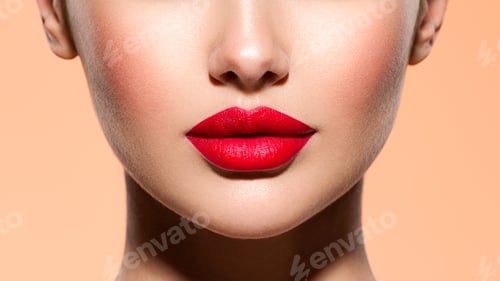 Preview: Beautiful white girl with a red lipstick on lips.